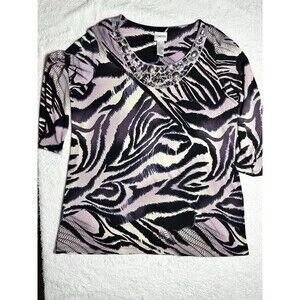 Chico's Sz 2 Rhinestone Neck Line Animal Print Purple Black Blouse Shirt Top